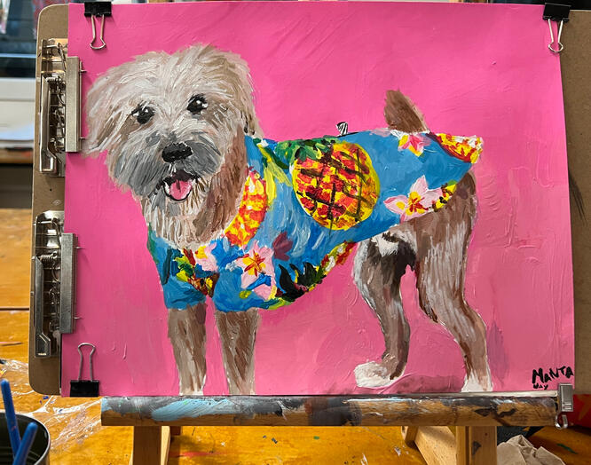 Pet commission for holiday gift on easel, 2024 mixed media acrylic, gouache on paper