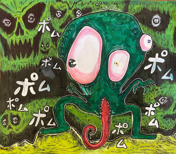"Shiitake Bōzu Monogatari (A Tale of Mushroom Haunting)” (acrylic, watercolor, markers, ink on paper) Description as transcribed by artist’s mother: The figure in the foreground is a monk transformed into a mushroom yōkai, inspired by folklore of priest