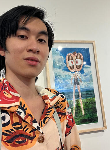 “Ashinaga Shumoku Musuko (The Long-Legged Son)” at Littman &amp; White at PSU (Portland, OR) “tell_'hi' from me” traveling group show July 2025 through Fall 2026 mixed media, watercolor, gouache, marker, and ink on paper