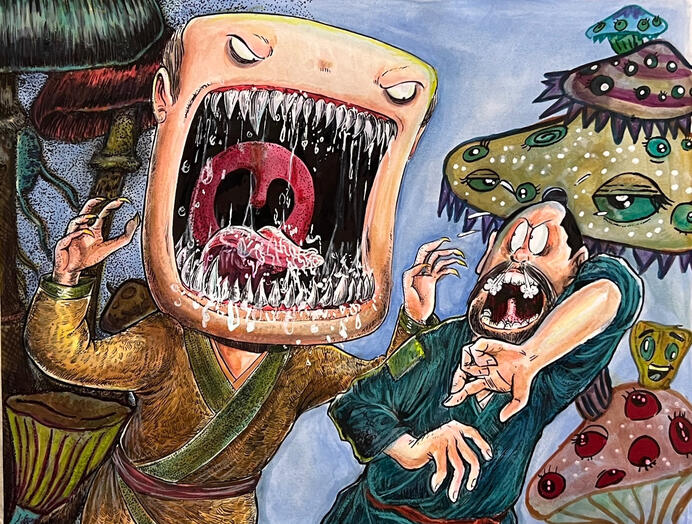 “Matsutake Nyūdō (Pine Mushroom Priest)” mixed media on paper “Matsutake Nyūdō (Pine Mushroom Priest)” mixed media on paper
