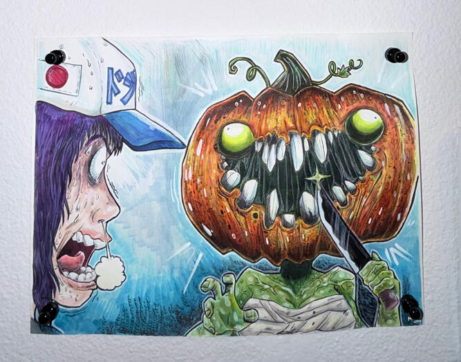Barabaddara aka Jackie the Pumpkingirl バラバッダラ バラバラバッダラ 妖怪 pumpkin daughter (acrylic, watercolor, markers on paper), Northwest Museum of Cartoon Arts showcase