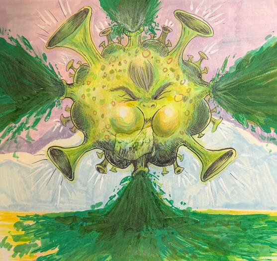"HINEPUNNOP (CORONAVIRUSVOMIT fungus Hokkaido)” mixed media on paper