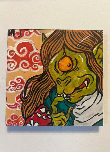 “Tangan-oni” Mixed media acrylic, gouache, marker, and ink on wood